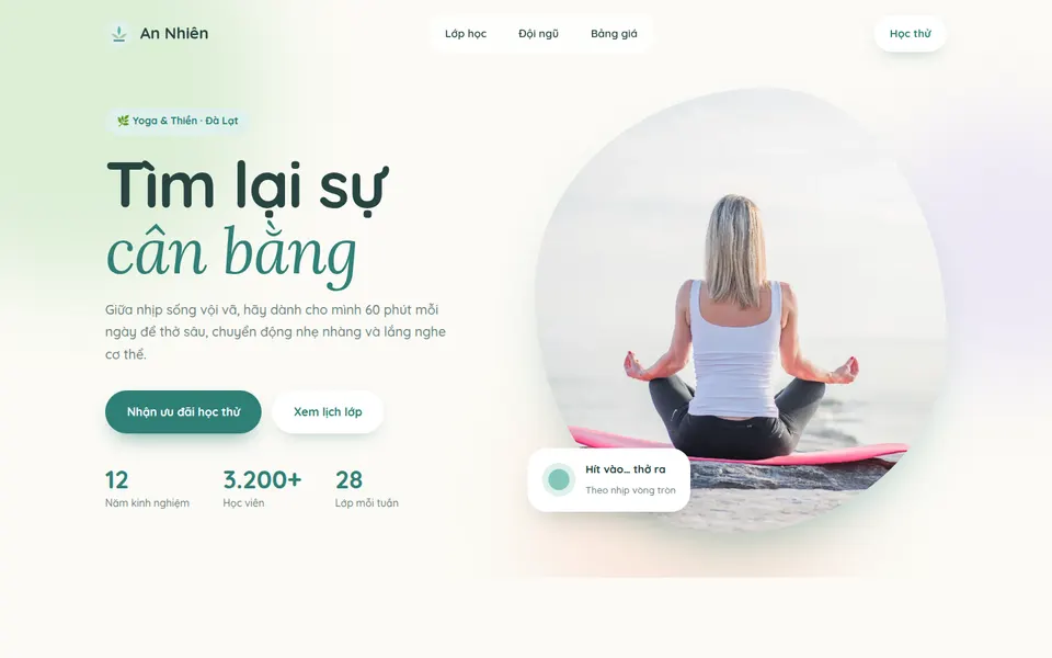 Giao diện website An Nhiên Yoga & Thiền