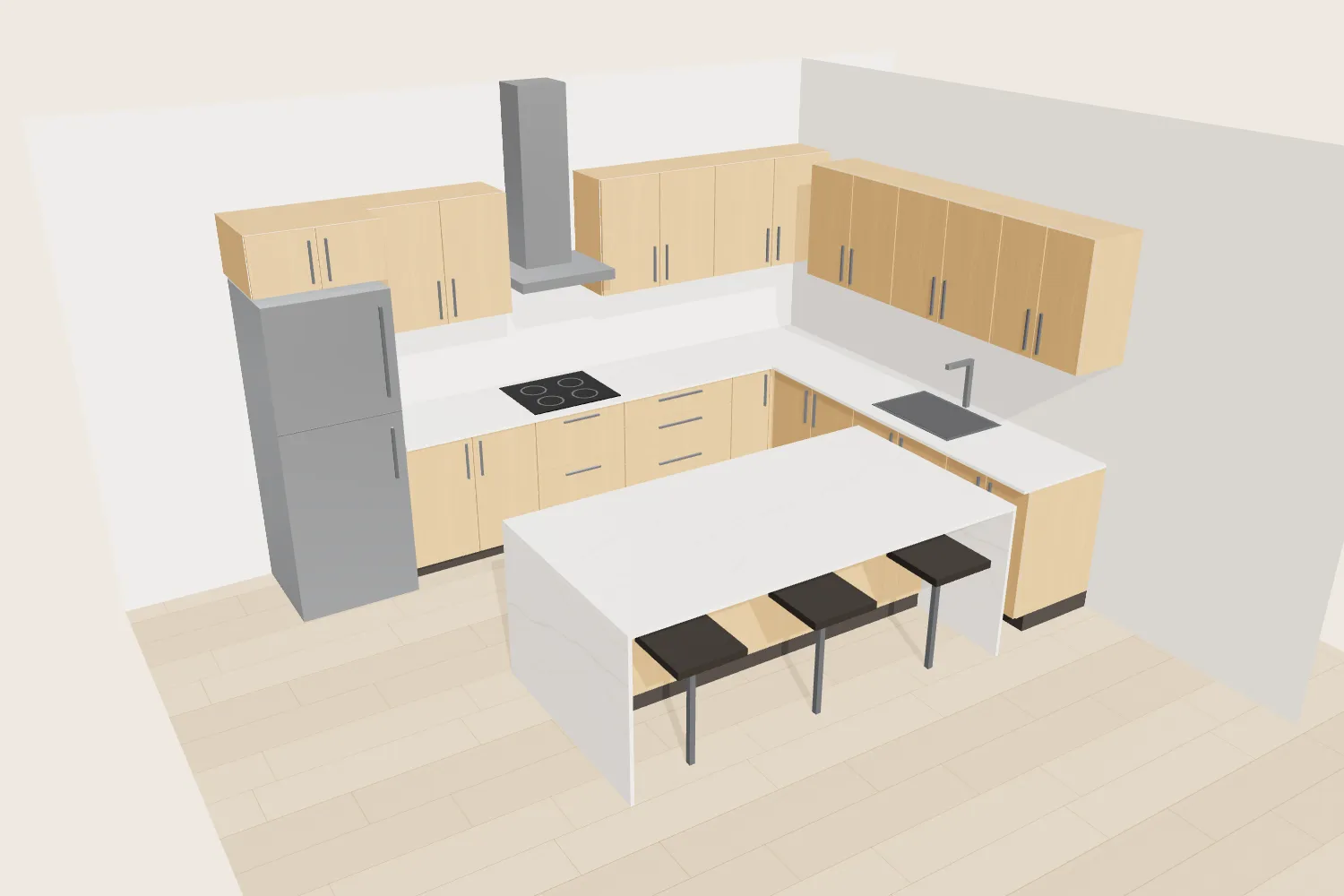 Phối cảnh 3D bếp chữ L có đảo, Sồi mộc