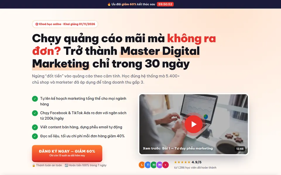 Giao diện website Master Digital Marketing 30 ngày