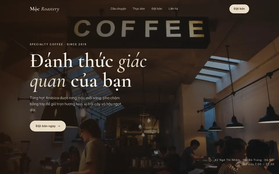 Giao diện website Mộc Roastery — Specialty Coffee