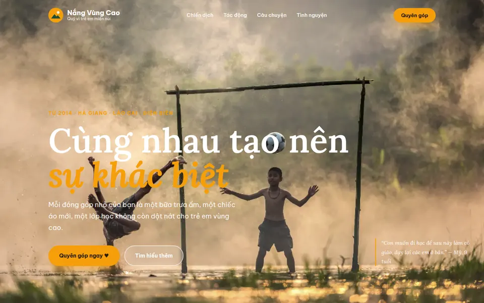 Giao diện website Quỹ Nắng Vùng Cao