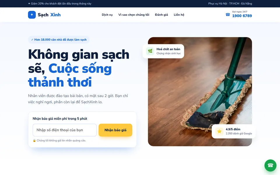 Giao diện website SạchXinh Home — Dịch vụ vệ sinh