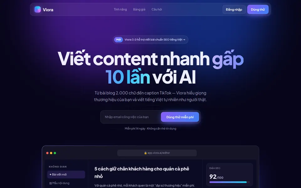 Giao diện website Viora AI — SaaS viết content
