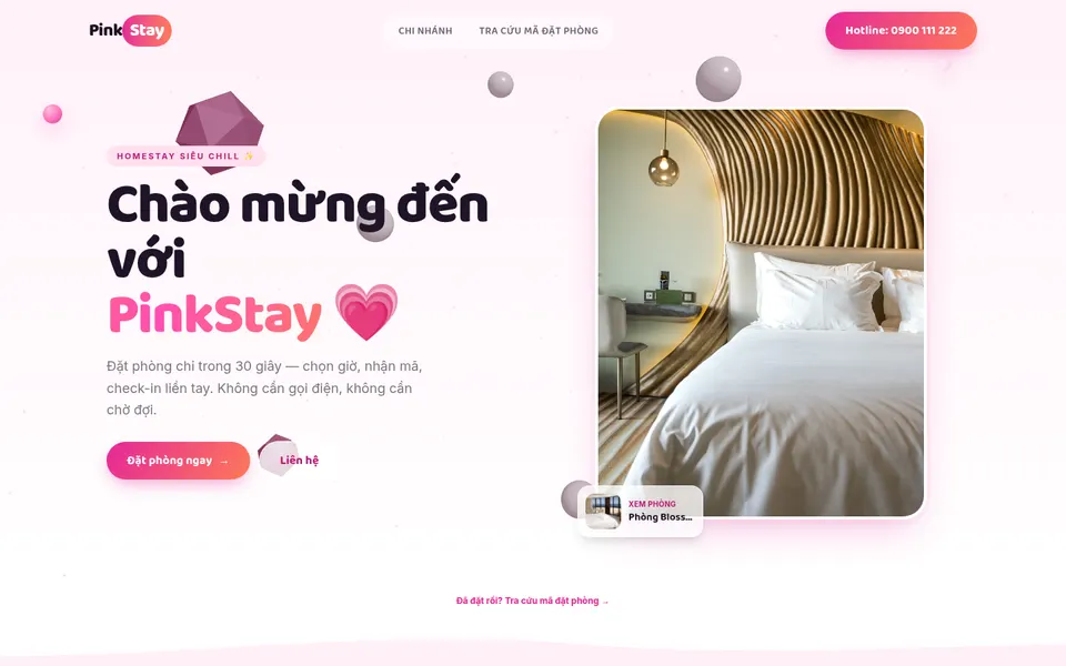 Giao diện website PinkStay — Đặt phòng homestay